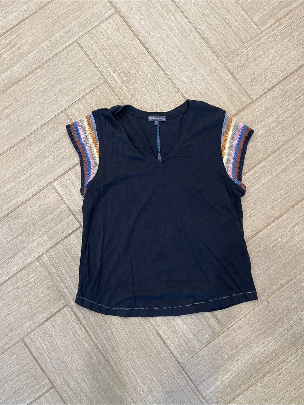 Democracy Navy V-Neck Tee with Multicolor Knit Stripe Sleeves